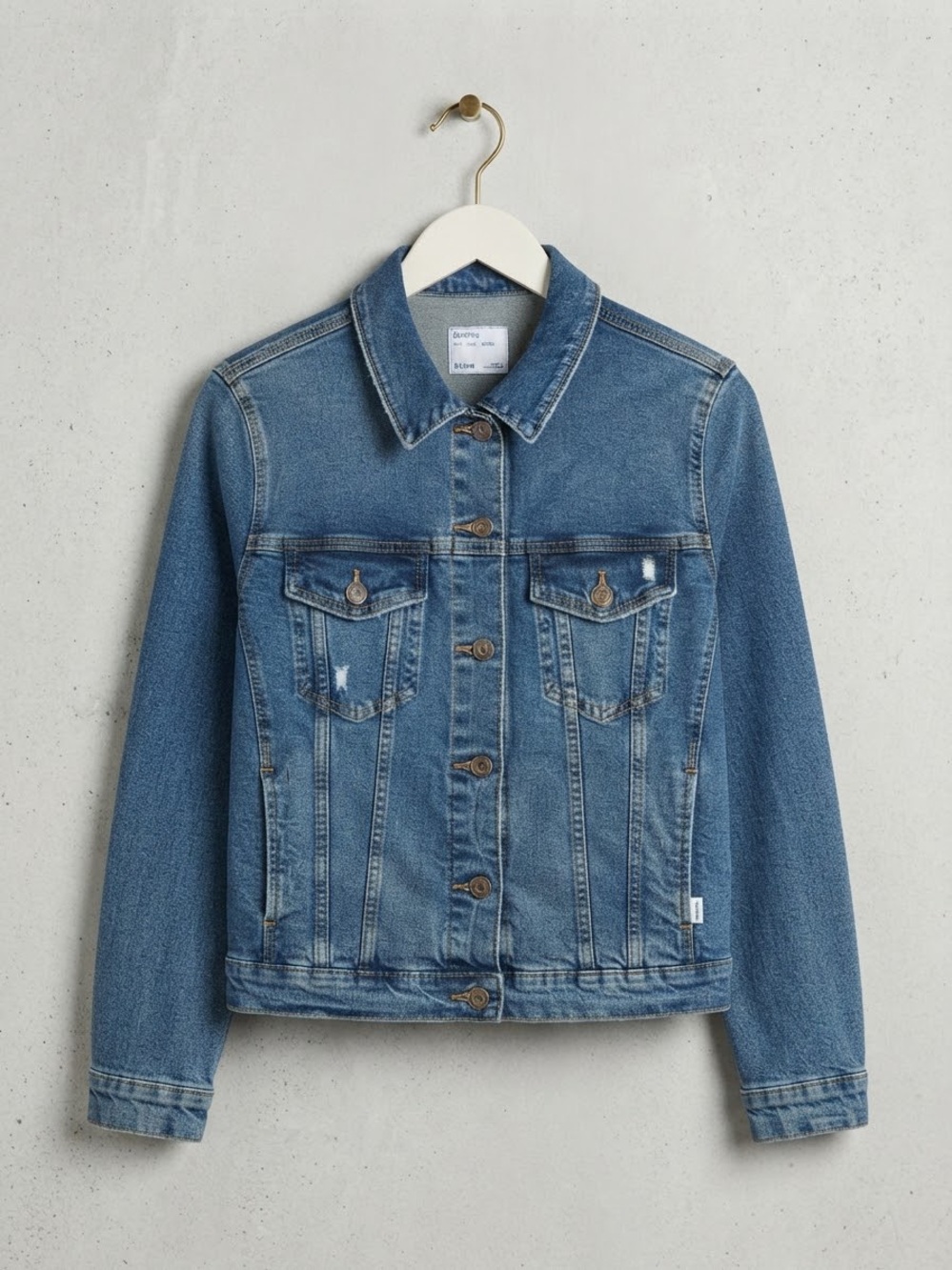 Bershka Distressed Denim Trucker Jacket Mid Wash